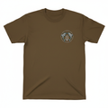 Coyote brown t-shirt with 3.5 inch embroidered silver dolphin crest with teal blue accents
