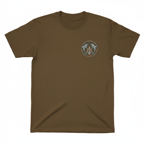 Coyote brown t-shirt with 3.5 inch embroidered silver dolphin crest with teal blue accents